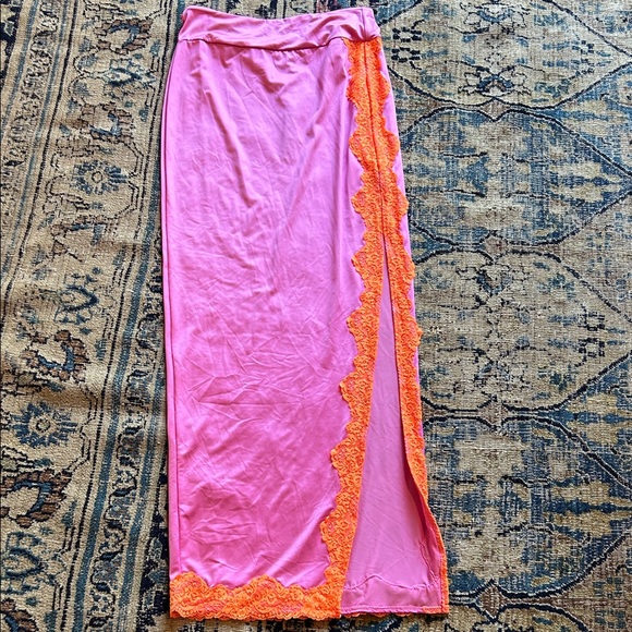 SKIMS Dresses & Skirts - SKIMS Pink Maxi Slip Skirt with Orange Lace Side Panel